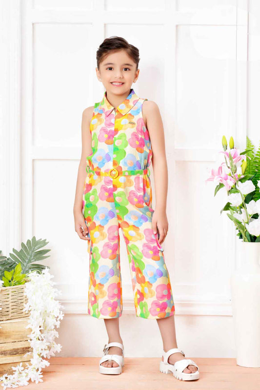 Stylish Cream Floral Printed Jumpsuit With Waist Belt For Girls