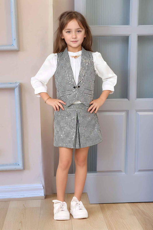 Elegant Black And White Houndstooth Printed Vest Coat With Top And Skirt Set For Girls