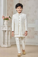 Cream Sequins Work And Thread Embroidered Sherwani Set  For Boys