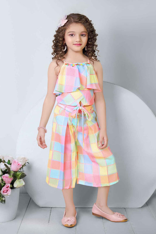 Stylish Multicolor Checked Printed Co Ord Set For Girls