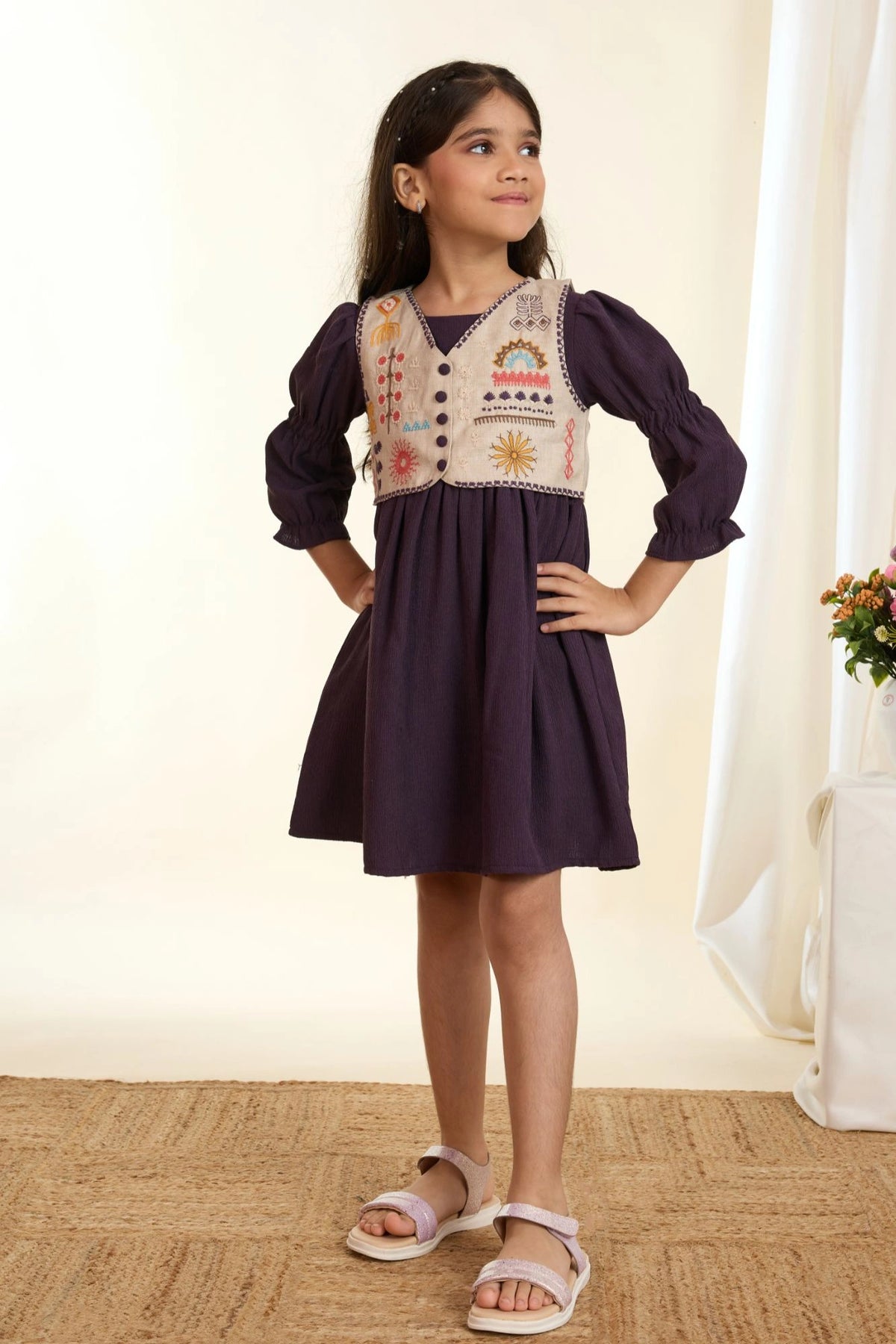 Violet Dress with Embroidered Beige Vest For Girls