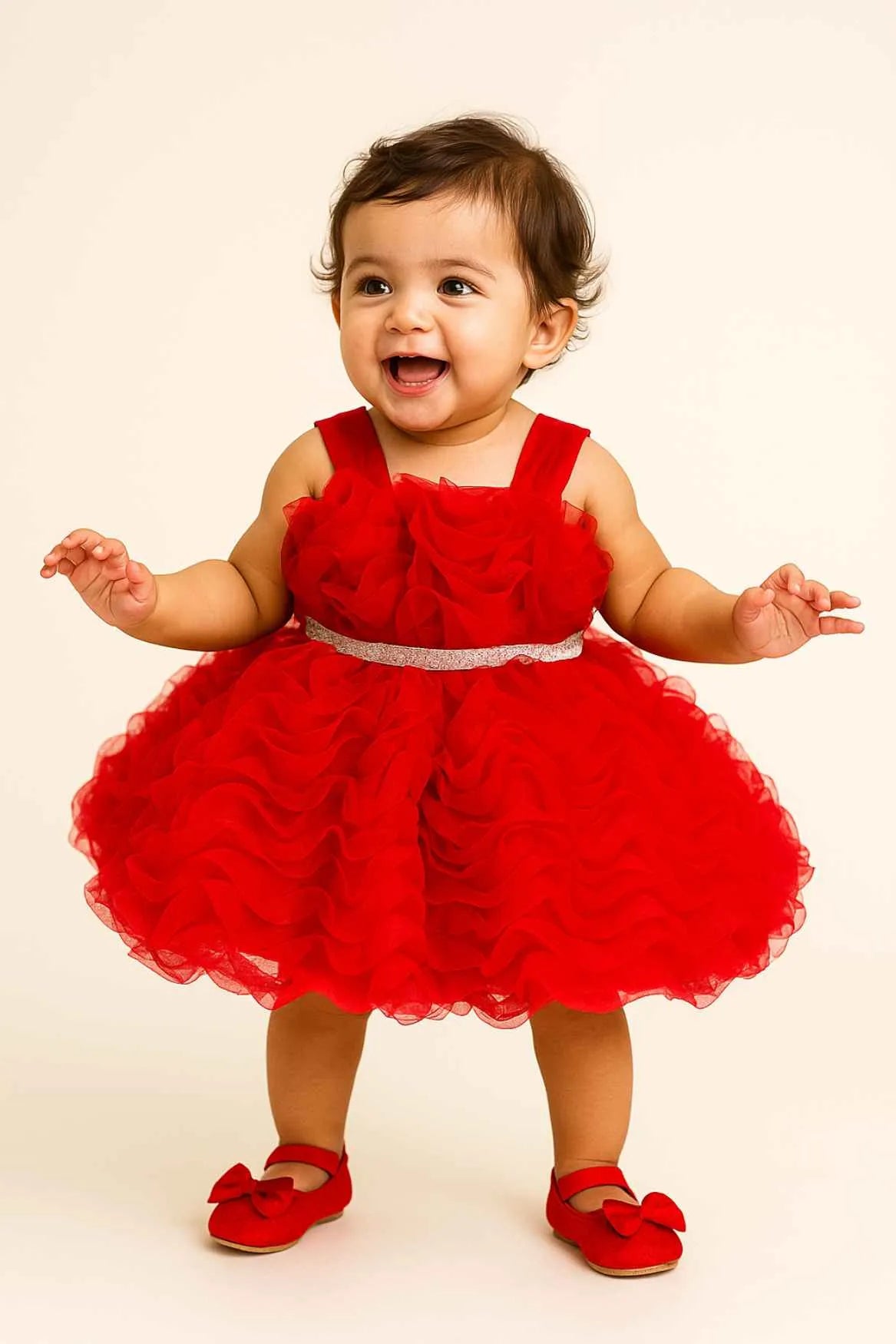 Red Frock With Ruffled Embellished For Girls
