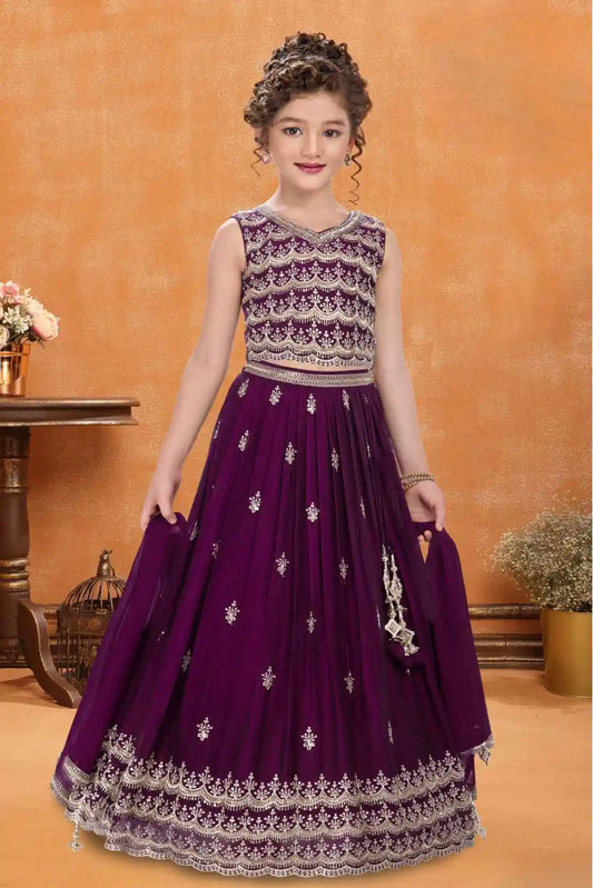 Elegant Wine Sequins Embroidered Lehenga Choli With Dupatta For Girls