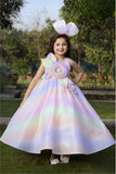 Multicolor Rainbow Princess Gown With Floral Embellishment For Girls