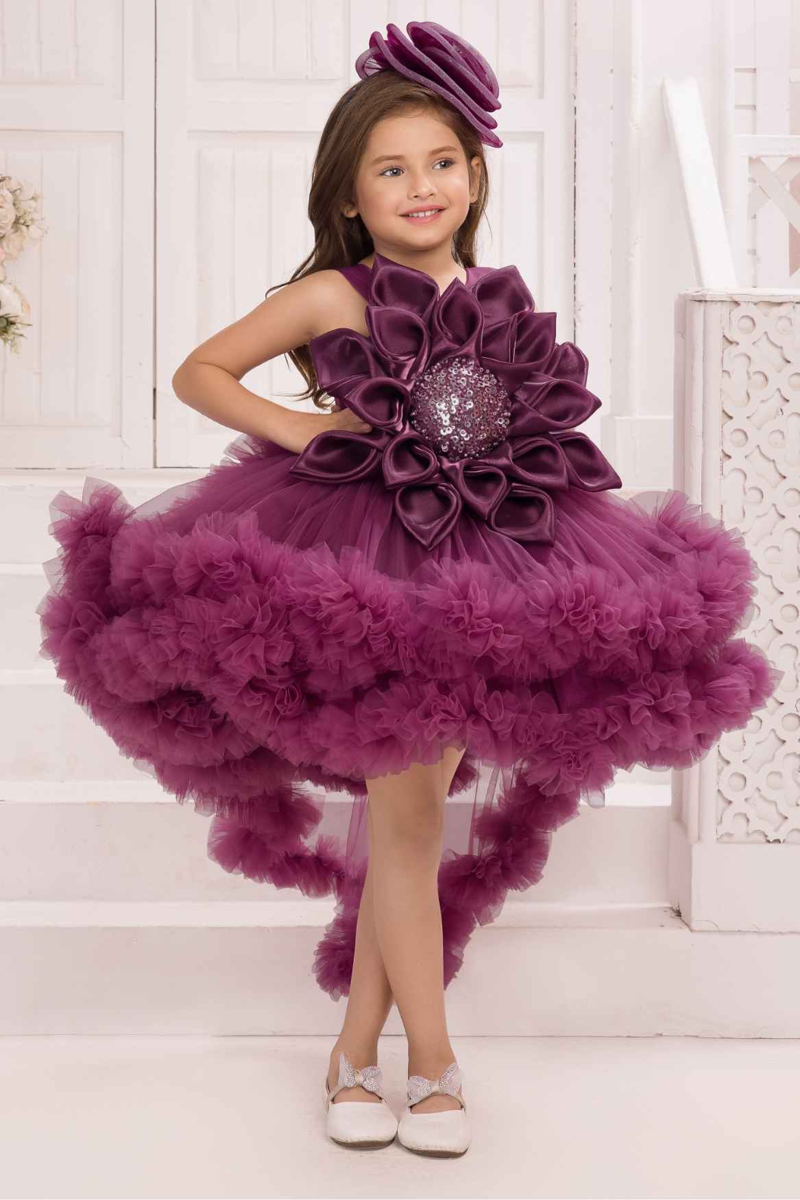Wine Tailback Frock With Floral Embellishments For Girls