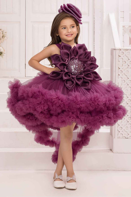 Wine Tailback Frock With Floral Embellishments For Girls