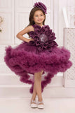 Wine Tailback Frock With Floral Embellishments For Girls