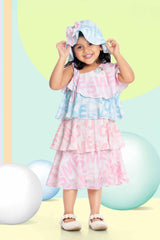 Pink And Blue Frilled Printed Dress With Cap For Girls