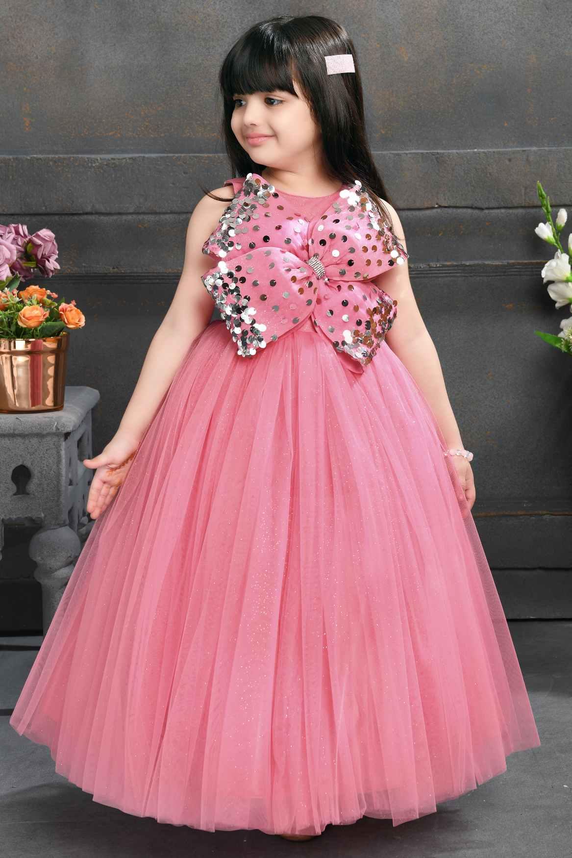 Designer Pink Gown Embellished With Sequin Bow For Girls - Lagorii Kids