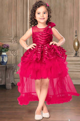 Rani Pink Shimmer Tailback Party Wear Frock With Ruffle Layers For Girls