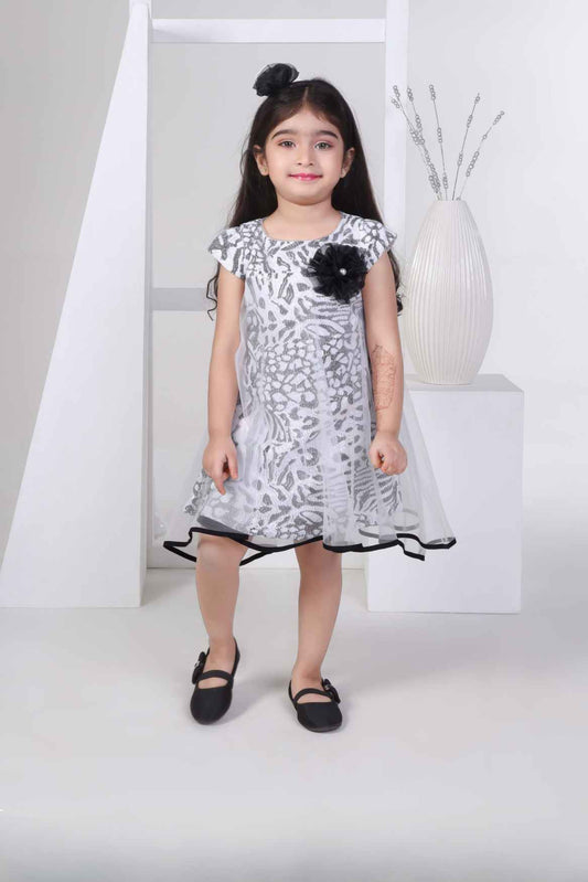 Stylish Black Printed Frock With Tulle Layer For Girls