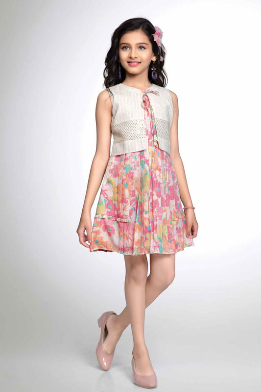 Stylish Pink Floral Printed Sleeveless Frock With Waist Coat For Girls