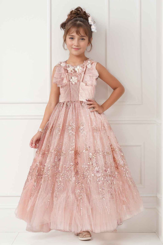 Pink Sequin Net Party Wear Gown Embellished With Floral For Girls