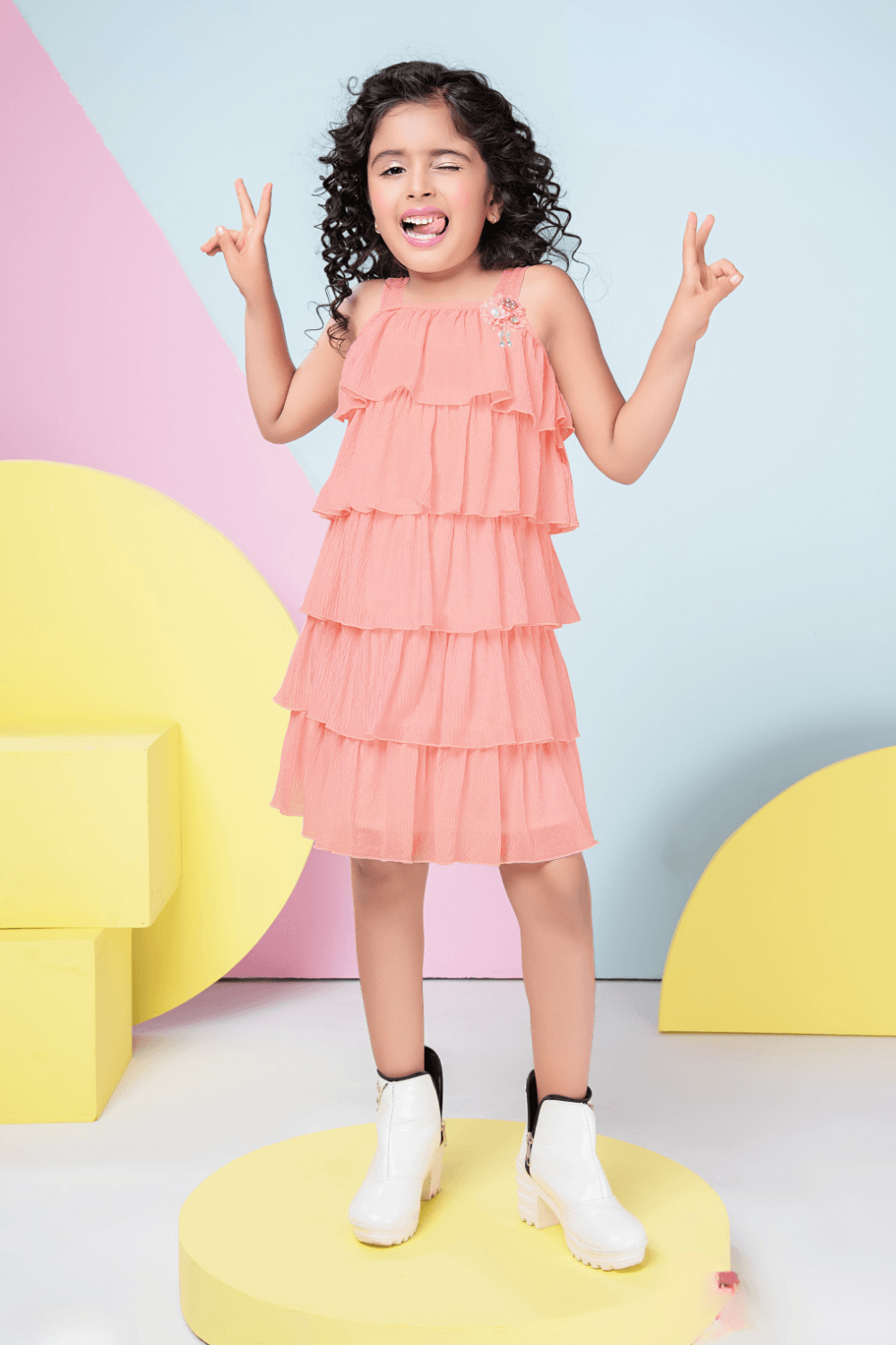 Stylish Orange Frilled Casual Wear Dress For Girls - Lagorii Kids