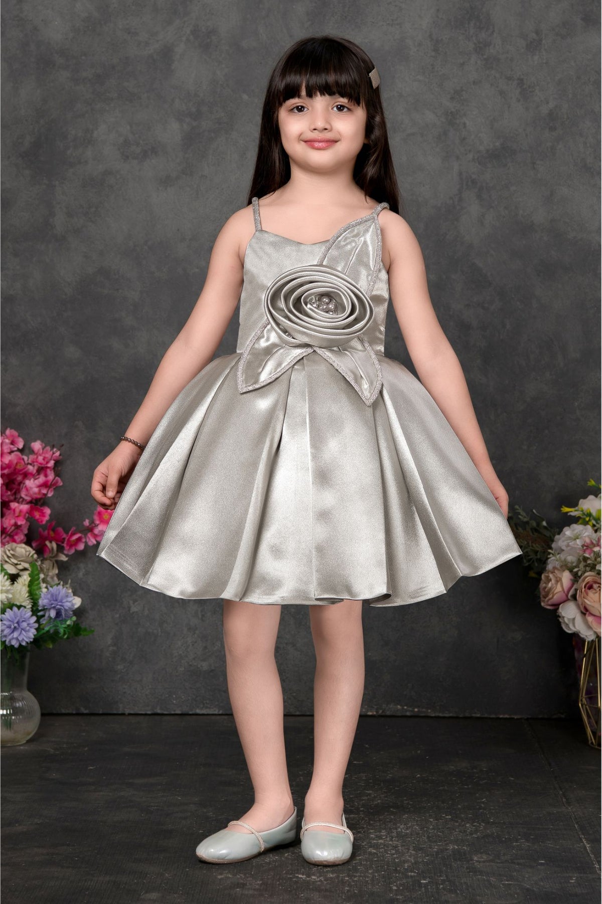 Silver Frock With 3D Rose Detail For Girls