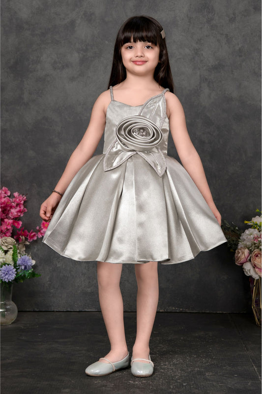 Silver Frock With 3D Rose Detail For Girls