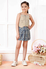 Fawn Top With Blue Printed Skirt Set For Girls