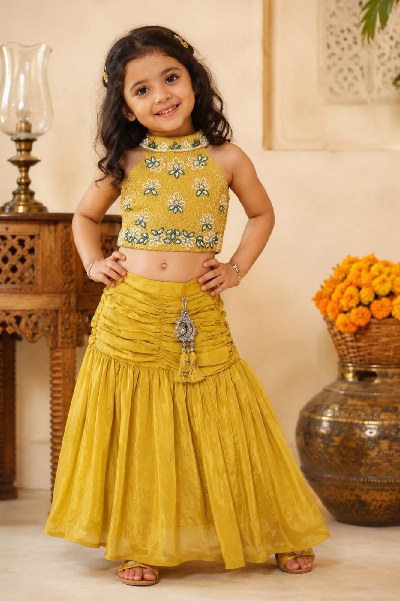 Girls Yellow Embroidered Halter Neck Choli Set with Dupatta