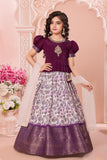 Purple Printed Pattu Pavadai Set with Zari Work For Girls