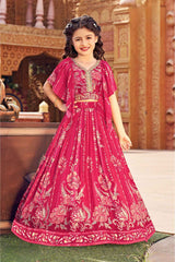 Rani Pink Sequins And Mirror Embroidery With Floral Printed Lehenga Choli Set For Girls