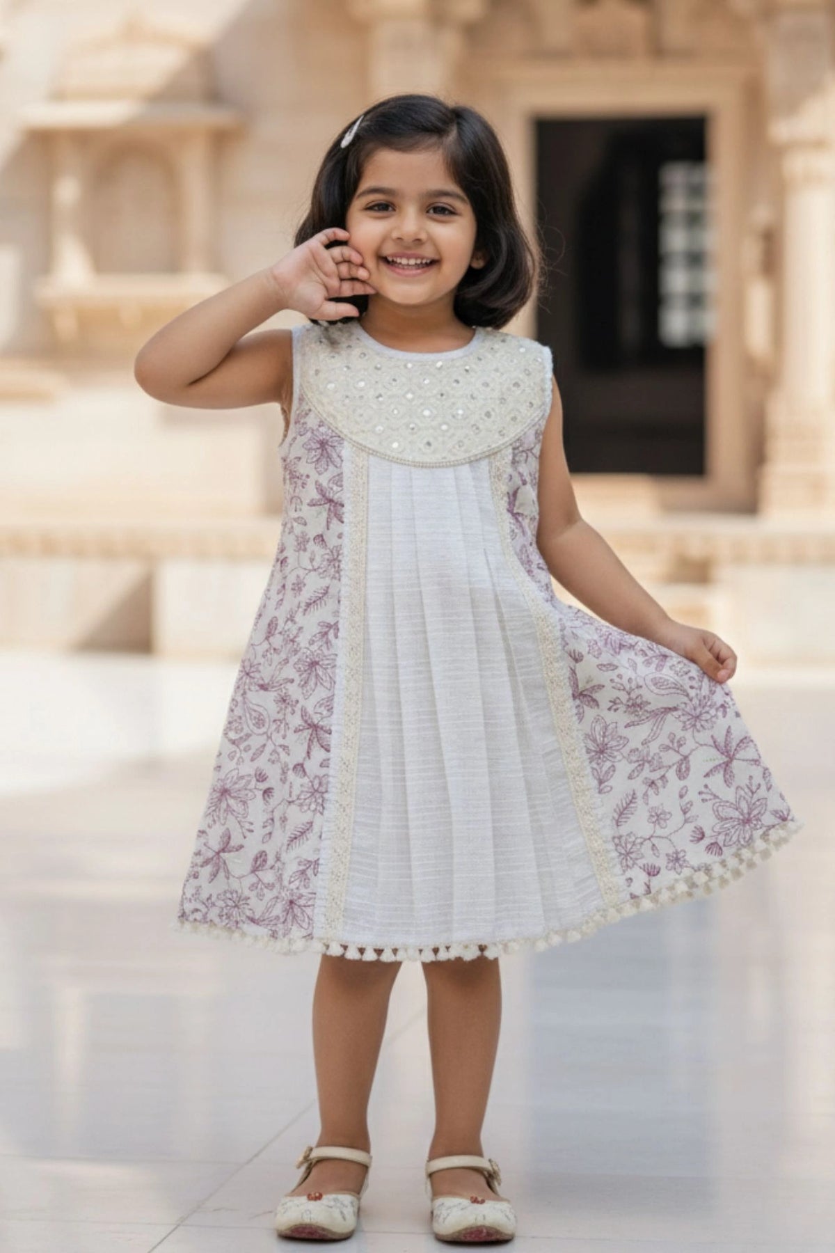 Cream And Lilac Floral Printed Dress with Lace Detailing For Girls