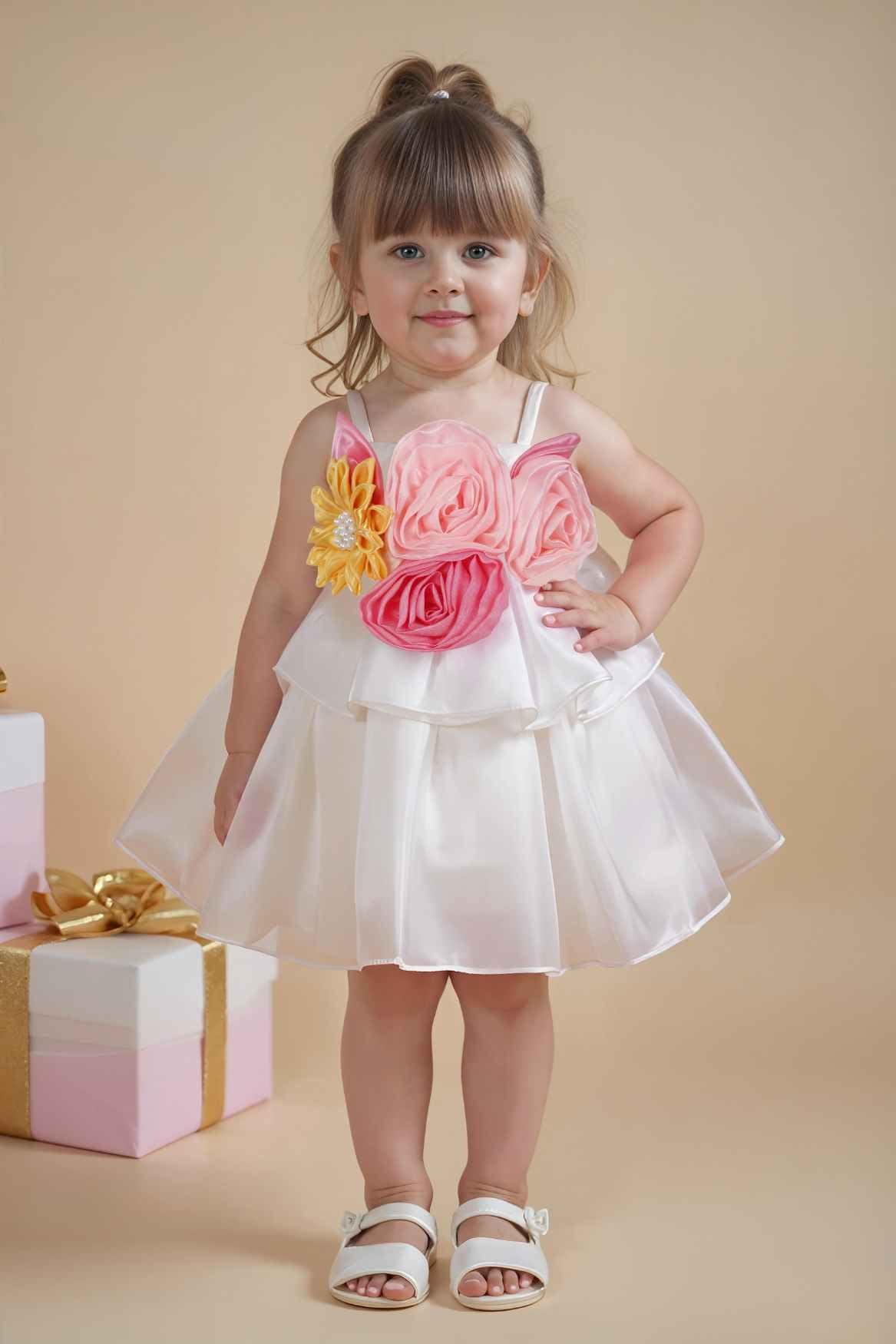 White Organza Party Frock With Oversized Floral Appliqué for Girls