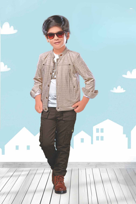 Fawn Overcoat With White T Shirt And Pant Set For Boys