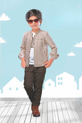 Fawn Overcoat With White T Shirt And Pant Set For Boys