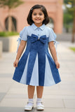 Blue & White Striped Denim Dress with Statement Bow For Girls