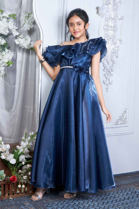 Navy Blue Organza Partywear Gown With Stone Waist Band For Girls