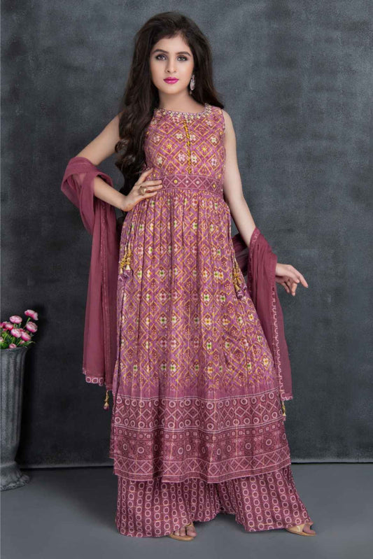 Pink Printed and Sequin Embellished Palazzo Set for Girls