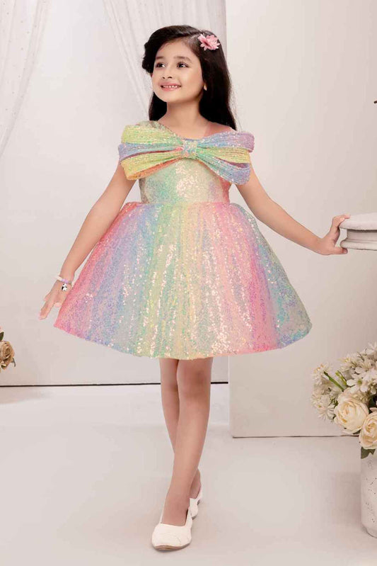 Multicolor Sequins Frock With Bow Embellished For Girls