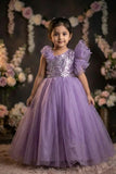 Girls Lavender Sequin Party Wear Gown with Ruffle Sleeves