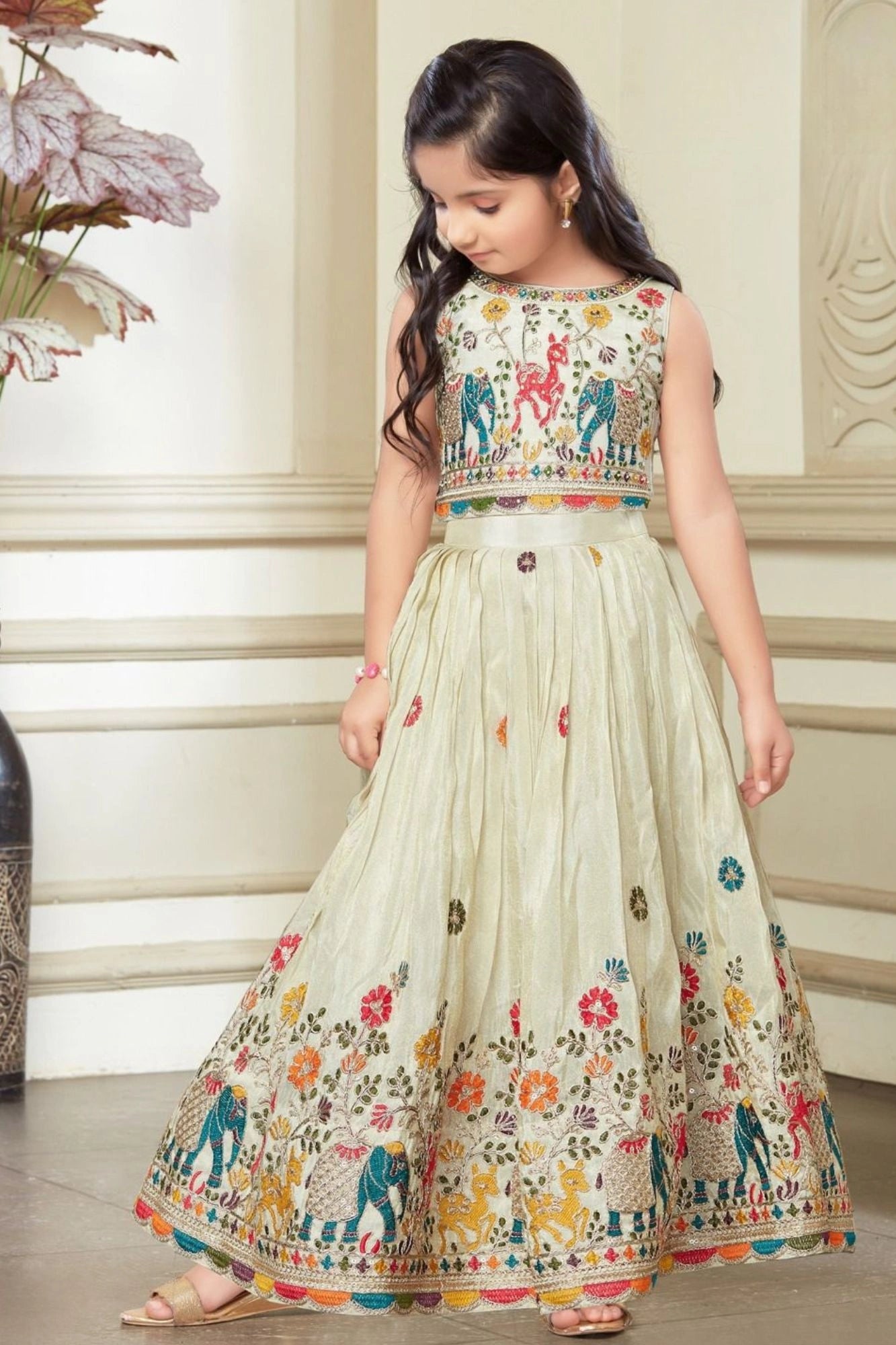 White Pink Folk Embroidered Lehenga Choli for Girls