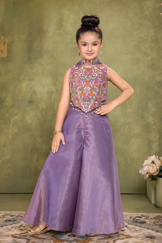 Lavender Sequins Work With Thread Embroidery For Palazzo Set For Girls