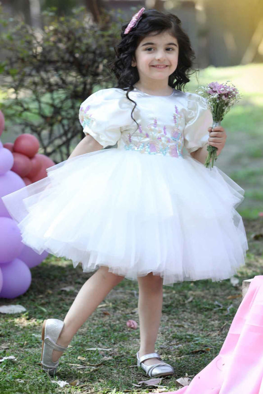 Cream Sequins Work Layered Party Wear Frock For Girls