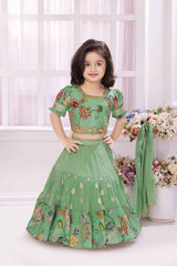 Pista Green Sequin and Embroidery Work Lehenga Choli Set For Girls