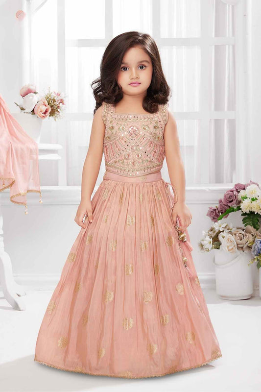 Peach Embroidered And Mirror Work Lehenga Choli Set For Girls