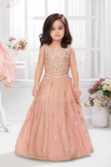 Peach Embroidered And Mirror Work Lehenga Choli Set For Girls