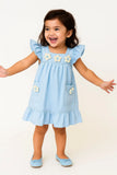 Sky Blue Cotton Dress with 3D Flower Appliqué For Girls