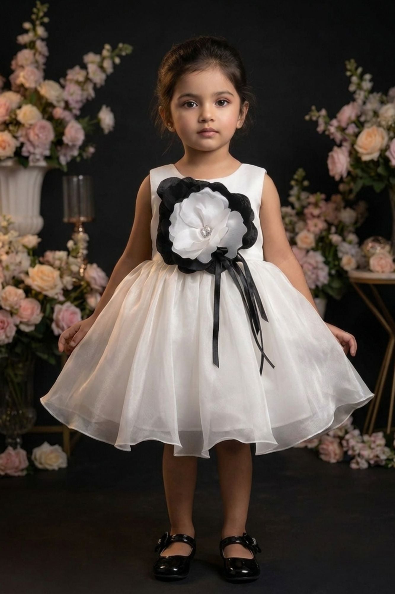 Girls White  Party Frock With Black Floral Applique