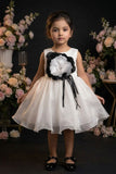 Girls White  Party Frock With Black Floral Applique