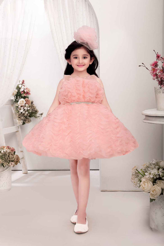 Peach Frock With Ruffled Embellished For Girls