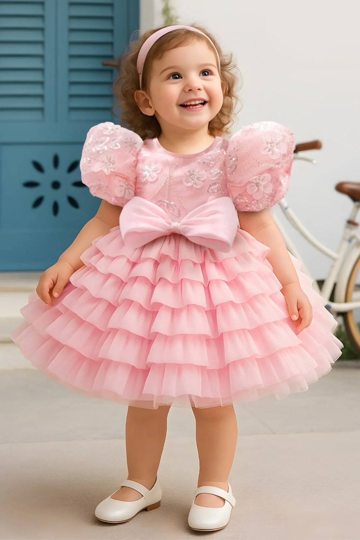 Pink Floral Embellished Party Frock With Puff Sleeves And Ruffle Skirt For Girls