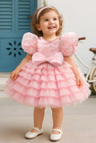 Pink Floral Embellished Party Frock With Puff Sleeves And Ruffle Skirt For Girls