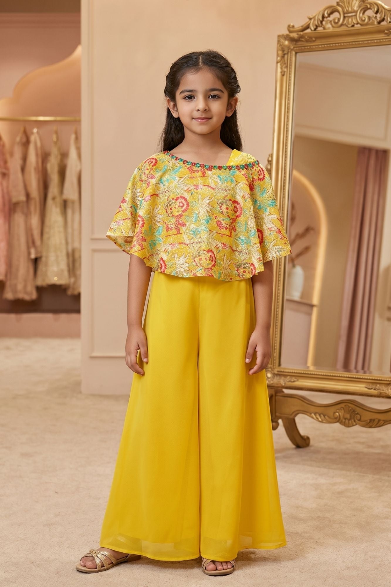 Mustard Printed Sequin Palazzo Set With Cape Sleeves For Girls