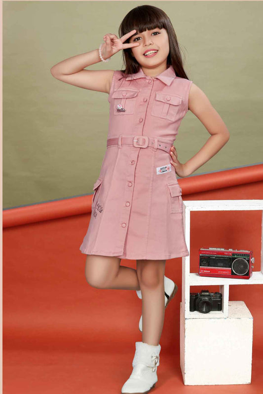 Stylish Pink Dungaree With Waist Belt For Girls
