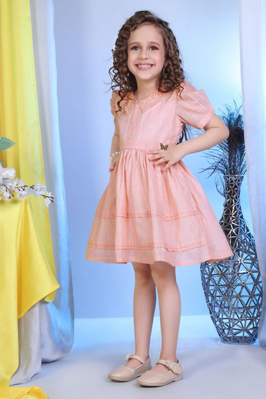 Classic Peach Casual Frock With Puff Sleeves For Girls