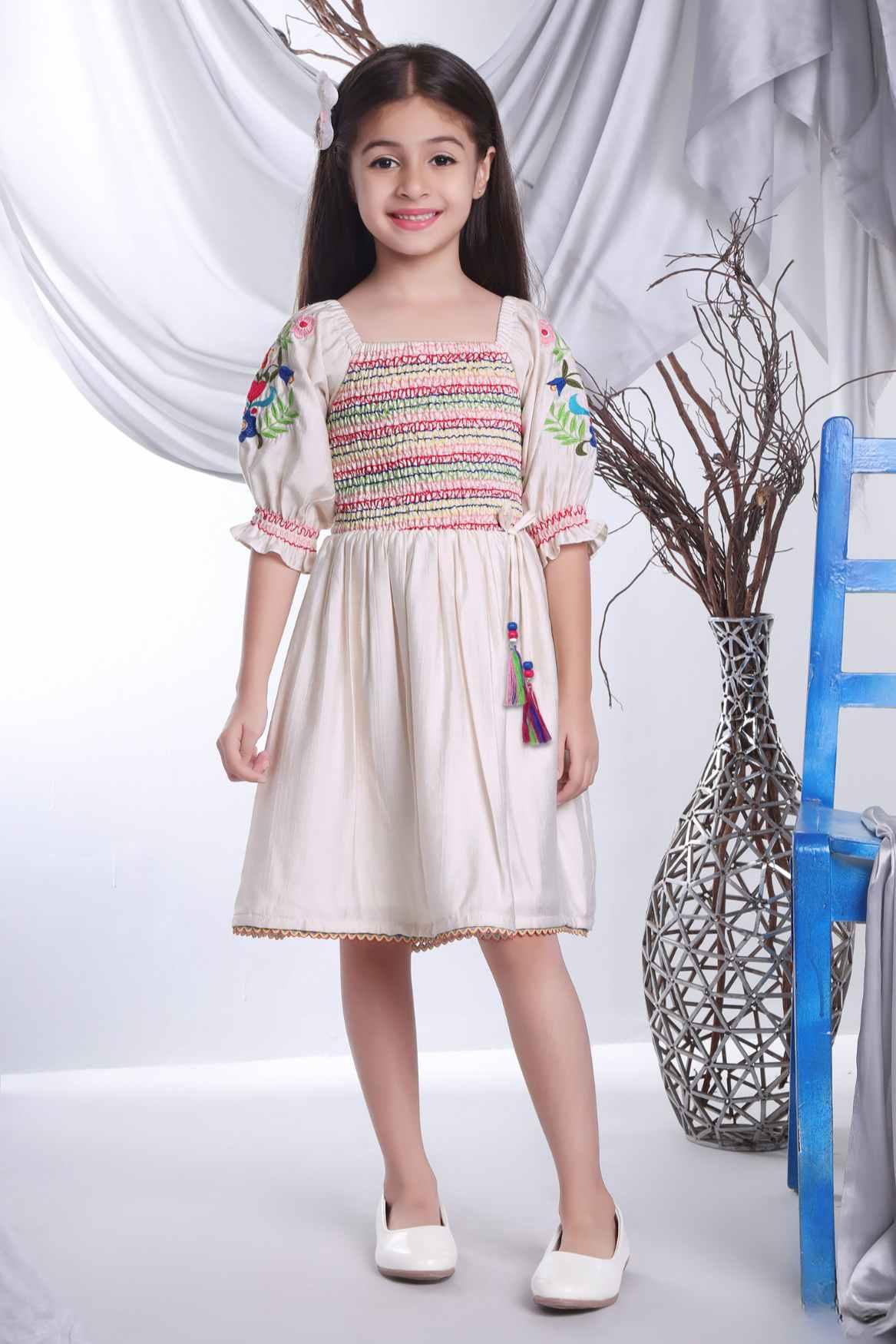 Stylish Beige Casual Frock With Embroidery for Girls - Lagorii Kids