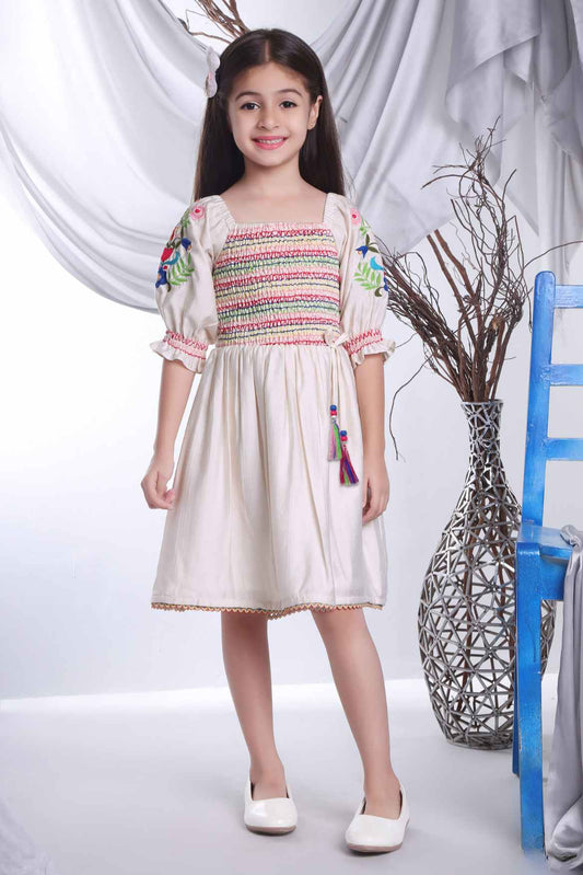 Stylish Beige Casual Frock With Embroidery for Girls